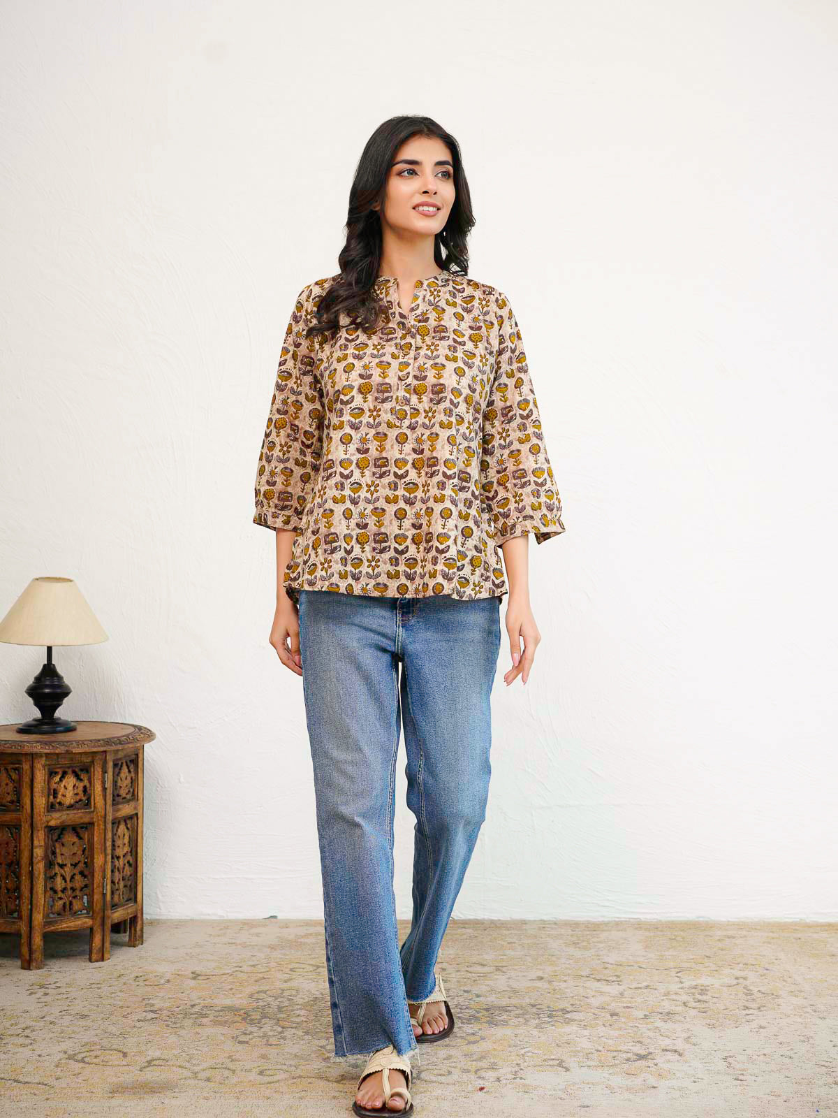 Cotton Printed Everyday Tunic Top For Women Brown