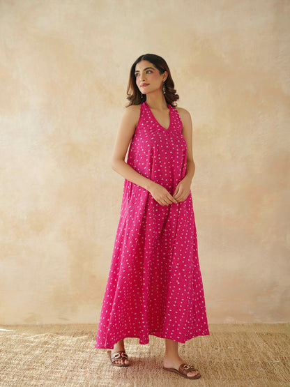 Cotton Printed Aline Moana Dress Pink Bandhej