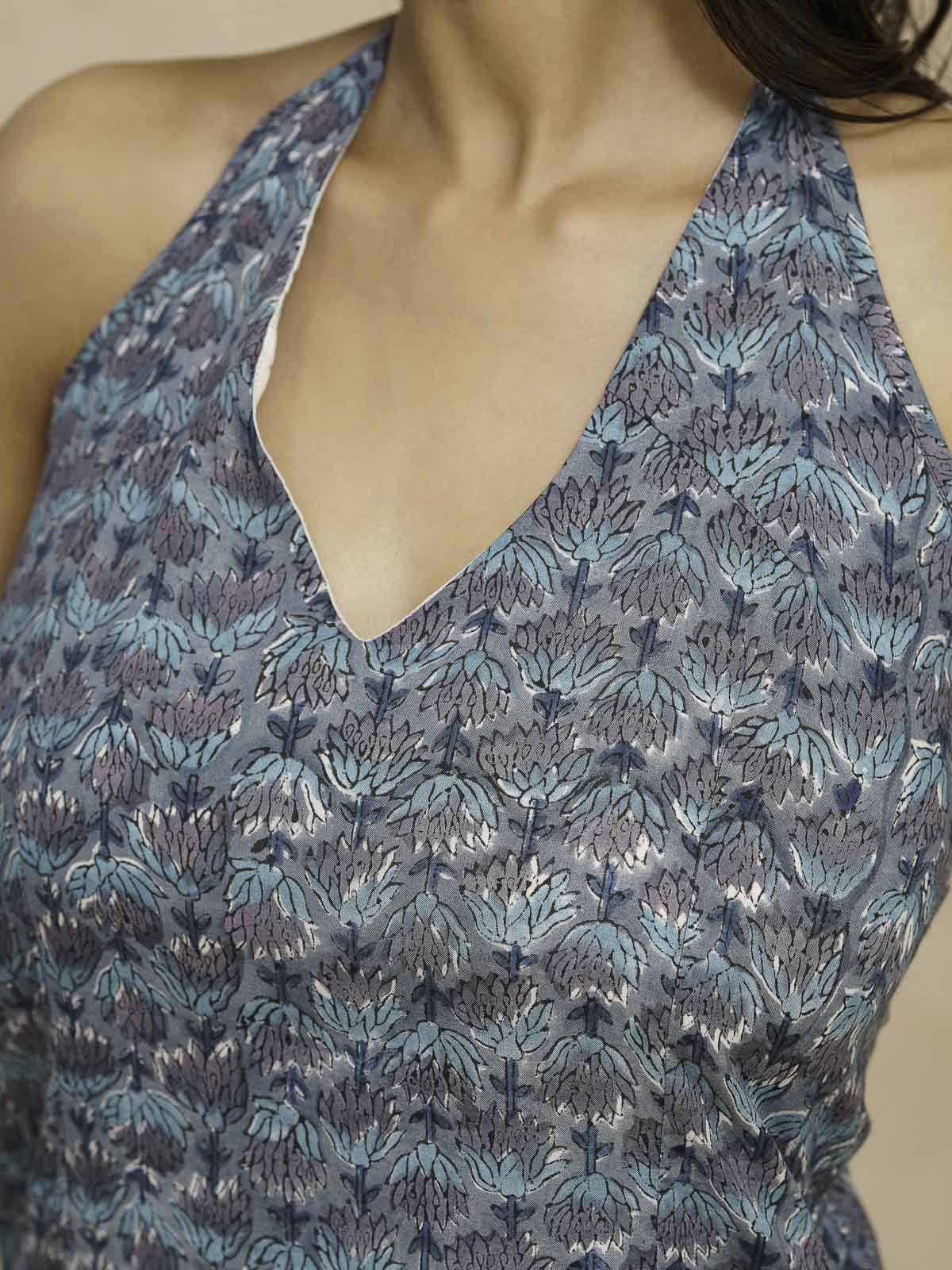 Cotton Printed Stylish Halter Tie-Up Kurti Blue