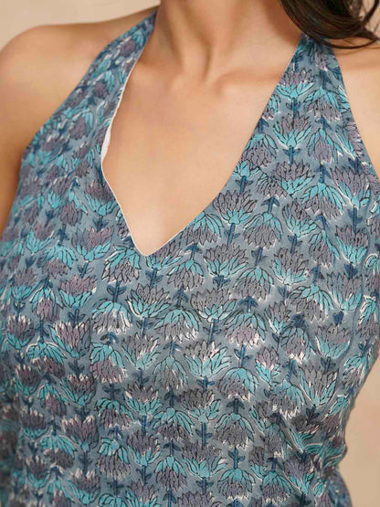 Cotton Printed Stylish Halter Tie-Up Kurti Blue