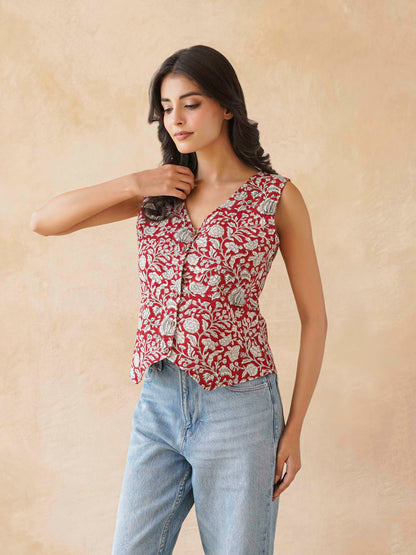 Sleeveless Cotton Block Printed Kothi Top Red Jaal