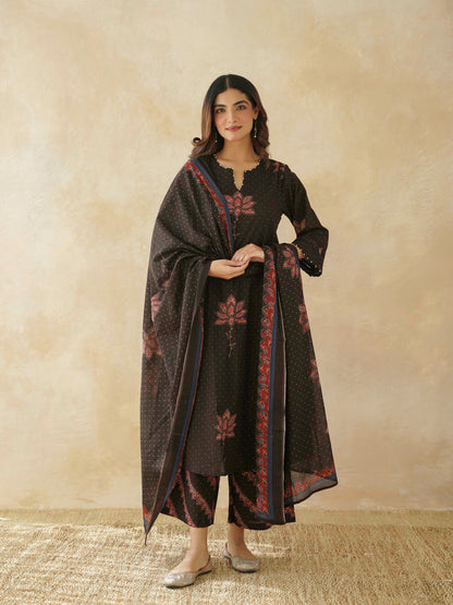 Cotton Printed Aline Geet Kurta Set For Women Black Lotus