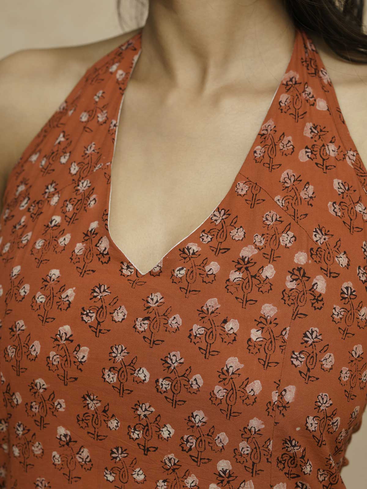 Cotton Printed Stylish Halter Tie-Up Kurti Orange