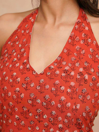 Cotton Printed Stylish Halter Tie-Up Kurti Orange