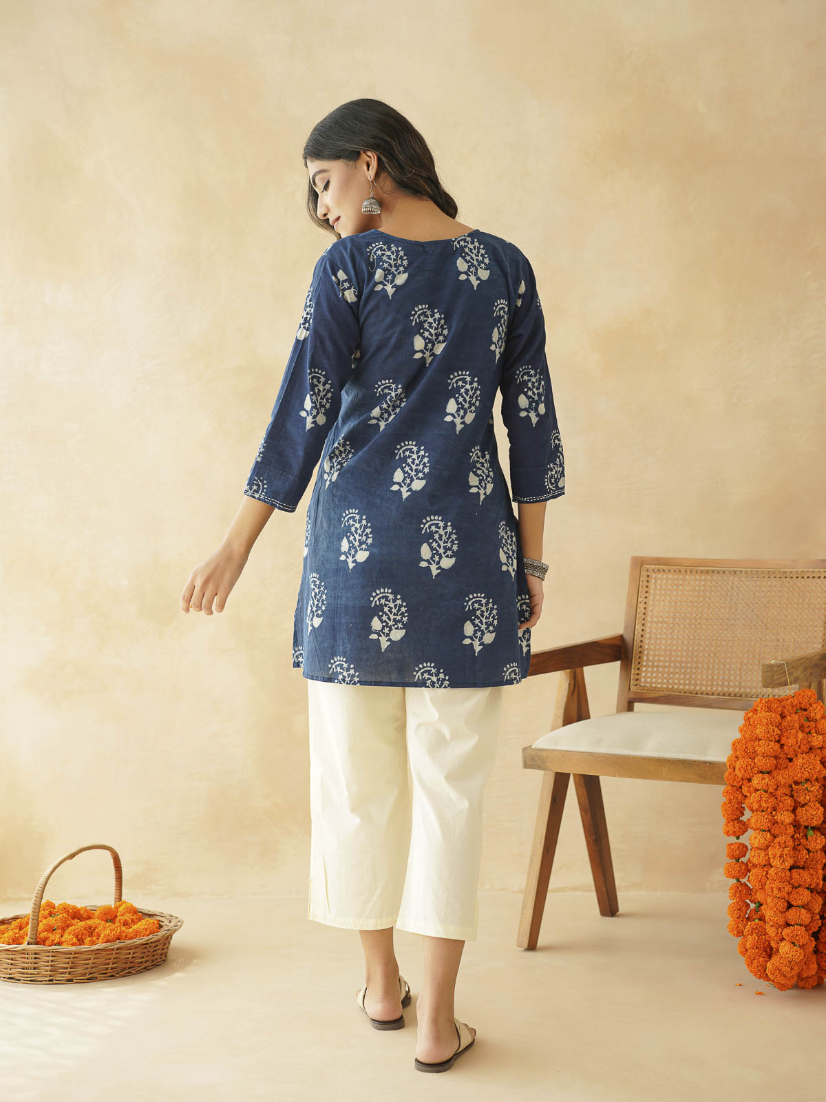 Cotton Printed Kantha Kurta Indigo