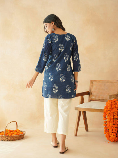 Cotton Printed Kantha Kurta Indigo