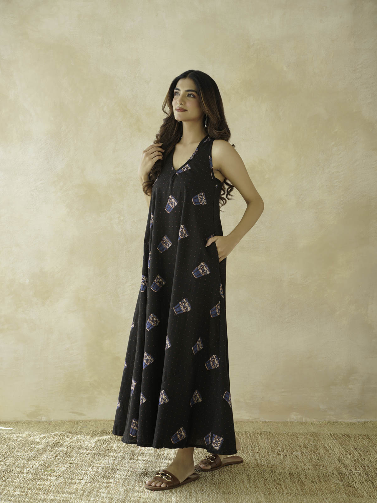 Cotton Printed Aline Moana Dress Black