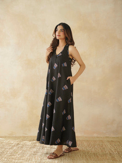 Cotton Printed Aline Moana Dress Black