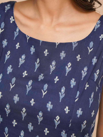 Cotton Printed Stylish Backless Tie-Up Kurti Blue