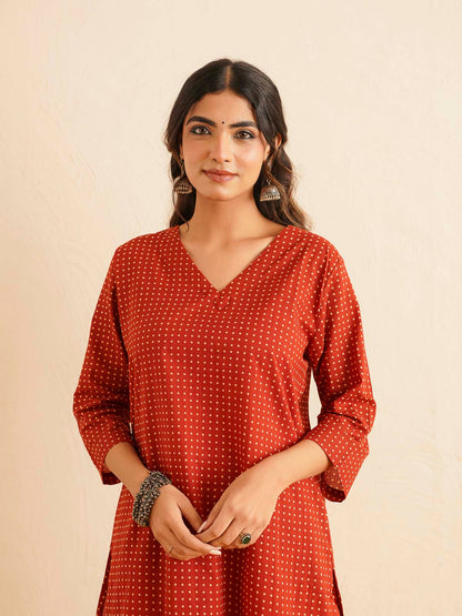 Cotton Printed V-Neck Style Set For Women Red