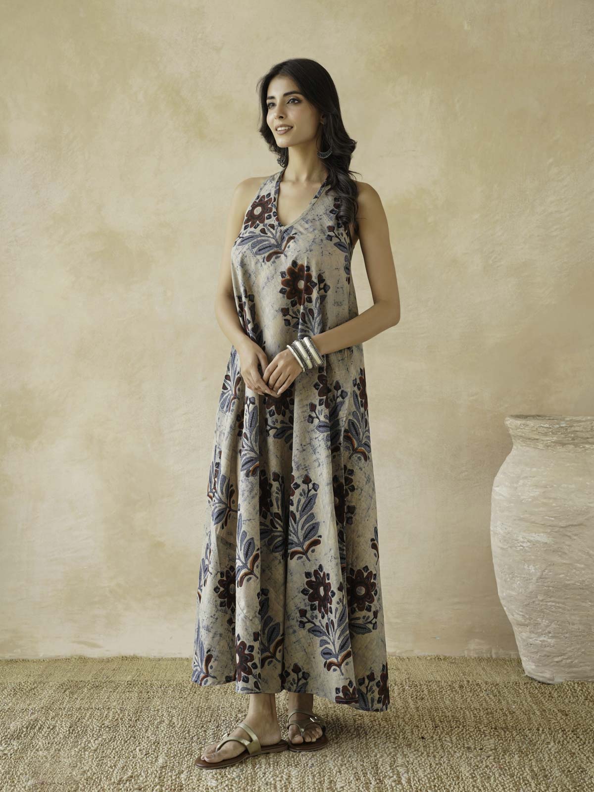 Cotton Printed Aline Moana Dress Beige