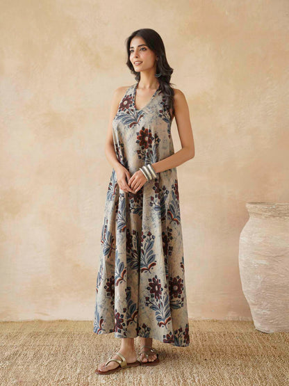 Cotton Printed Aline Moana Dress Beige