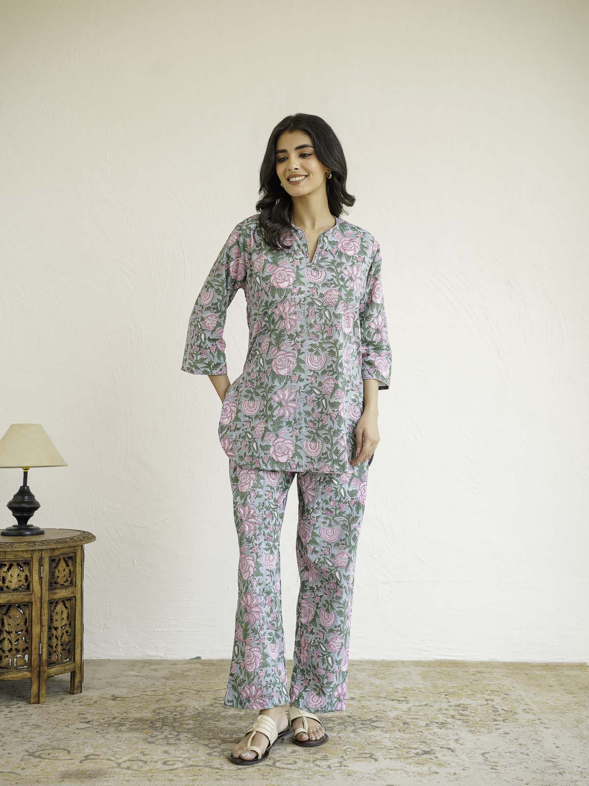 Cotton Printed Lounge Wear Coord Set Light Green