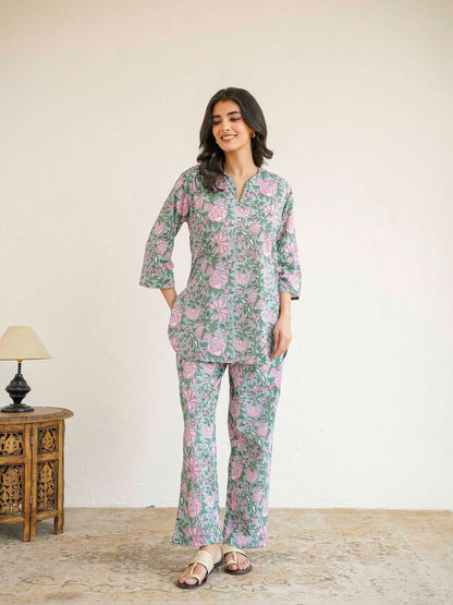Cotton Printed Lounge Wear Coord Set Light Green