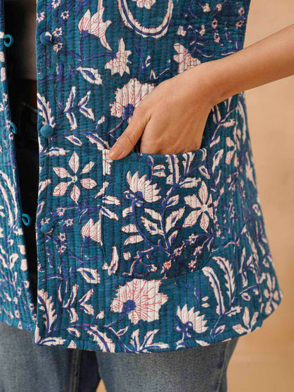 Cotton Printed Sleeveless Quilted Jacket Blue Jaal