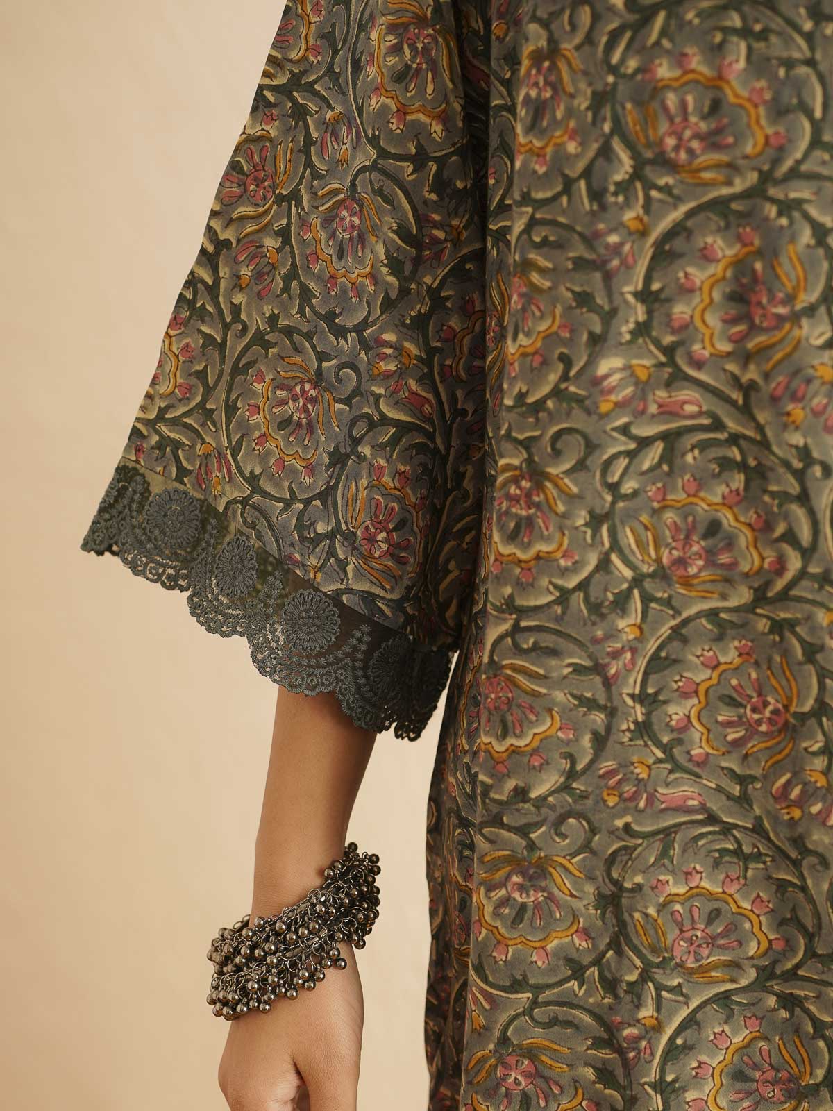 Block Printed Cotton Kurta Pant Bagiya Set Forest Green