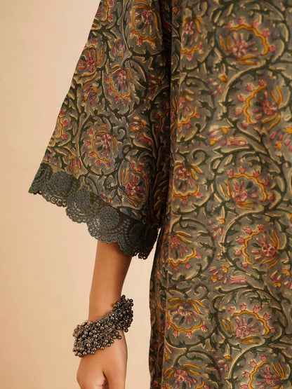 Block Printed Cotton Kurta Pant Bagiya Set Forest Green