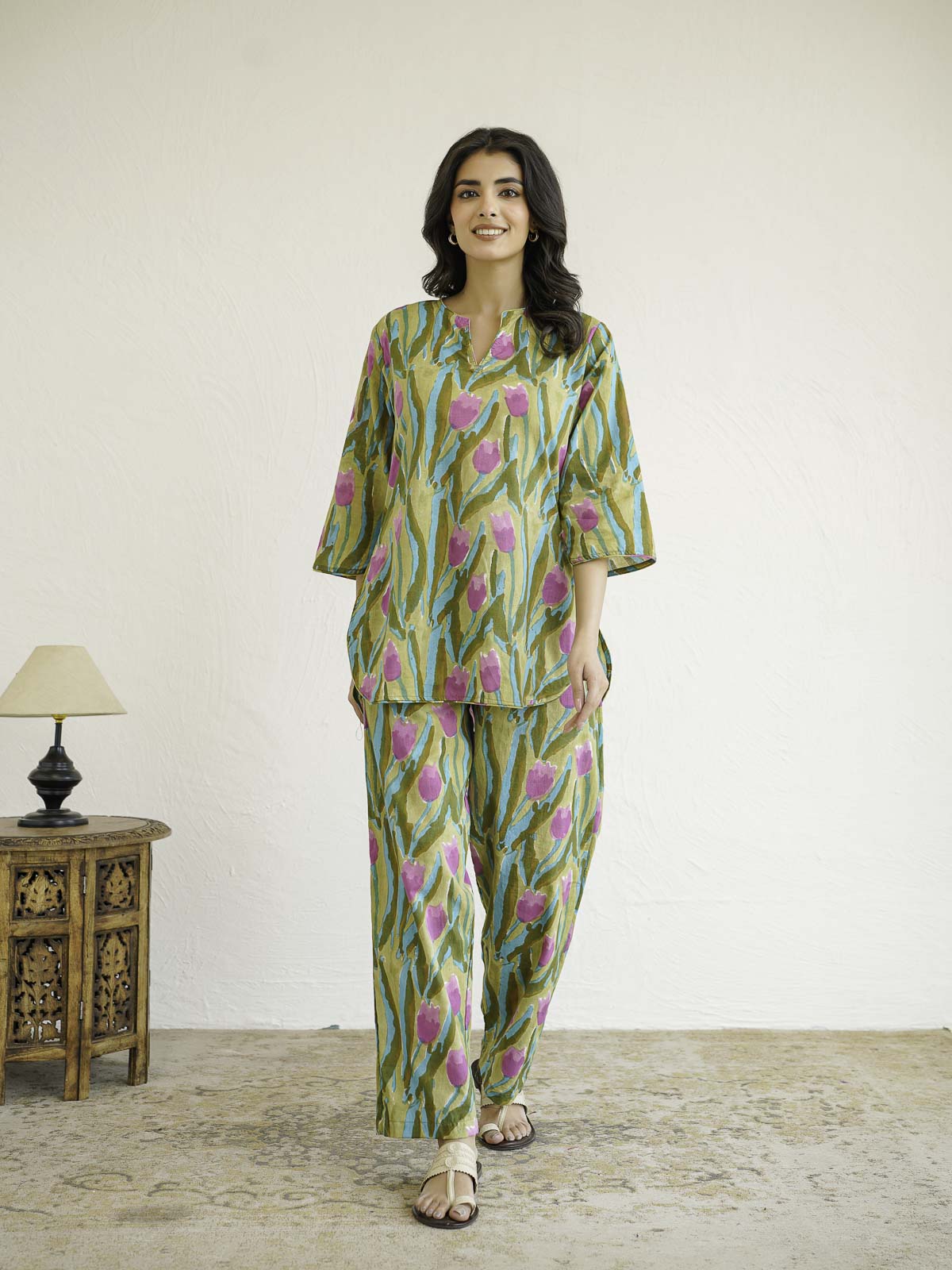 Cotton Printed Lounge Wear Coord Set Green Flower