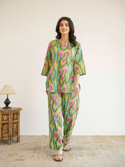 Cotton Printed Lounge Wear Coord Set Green Flower