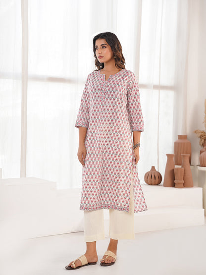Cotton Block Printed Long Kurta White Booty
