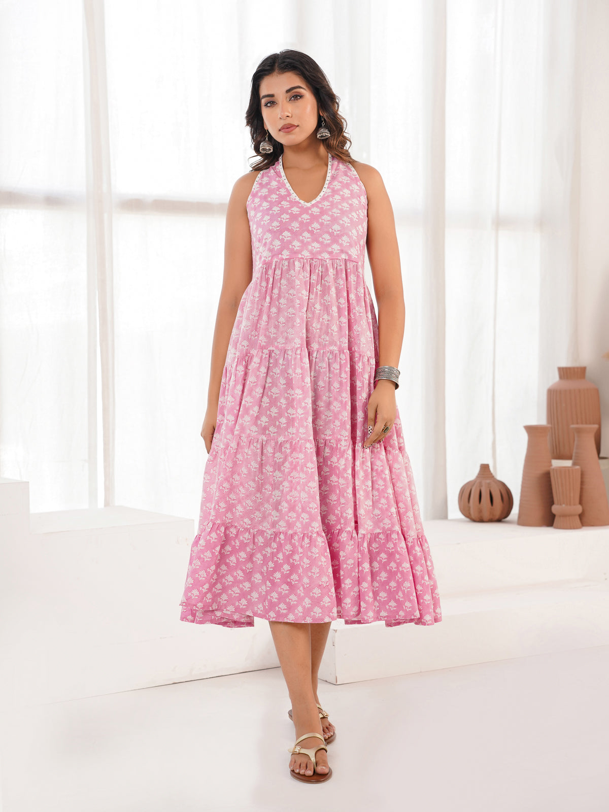 Tiered Halter Neck Dress Pink Booty