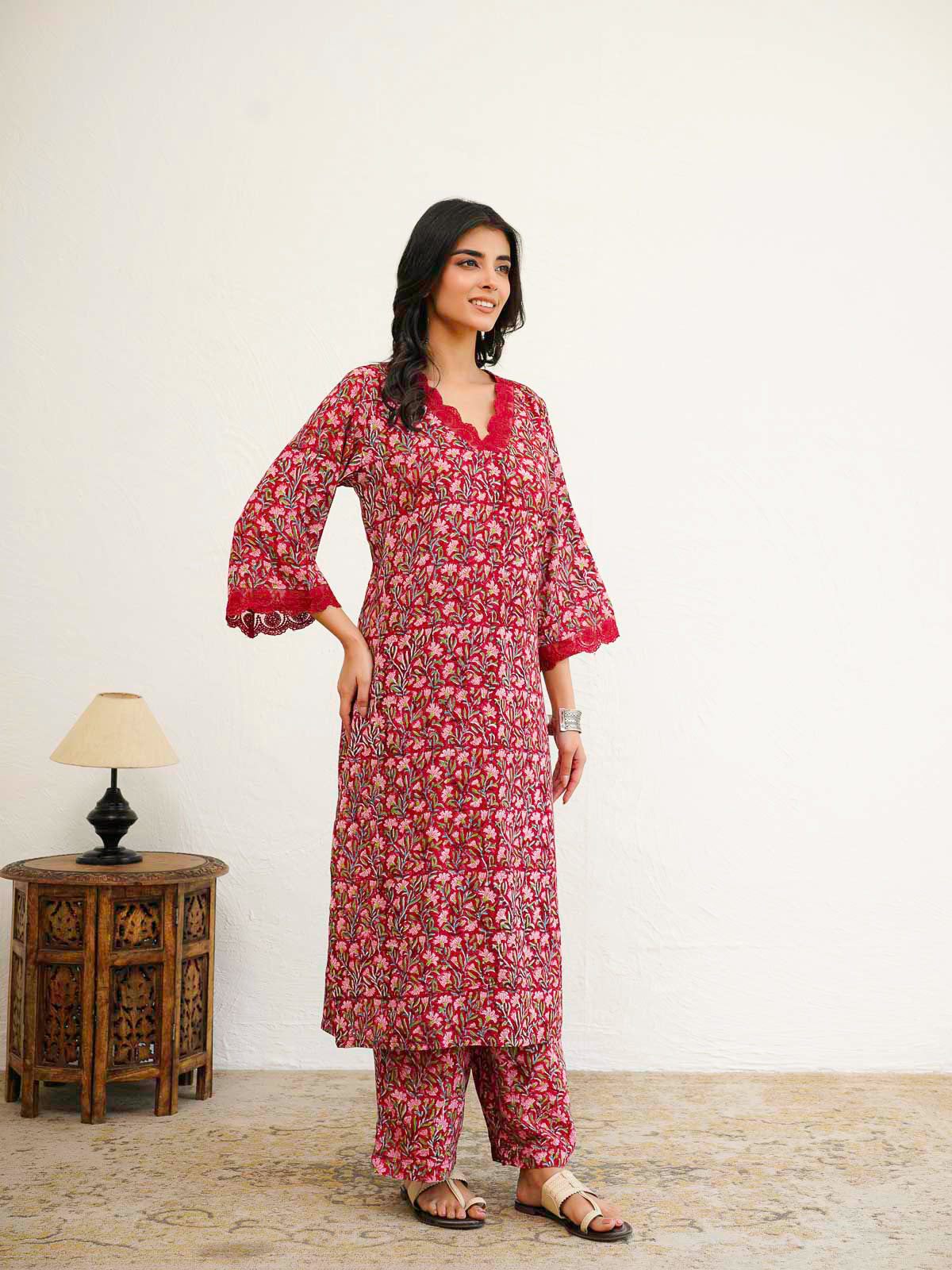 Block Printed Cotton Kurta Pant Bagiya Set Red Patti