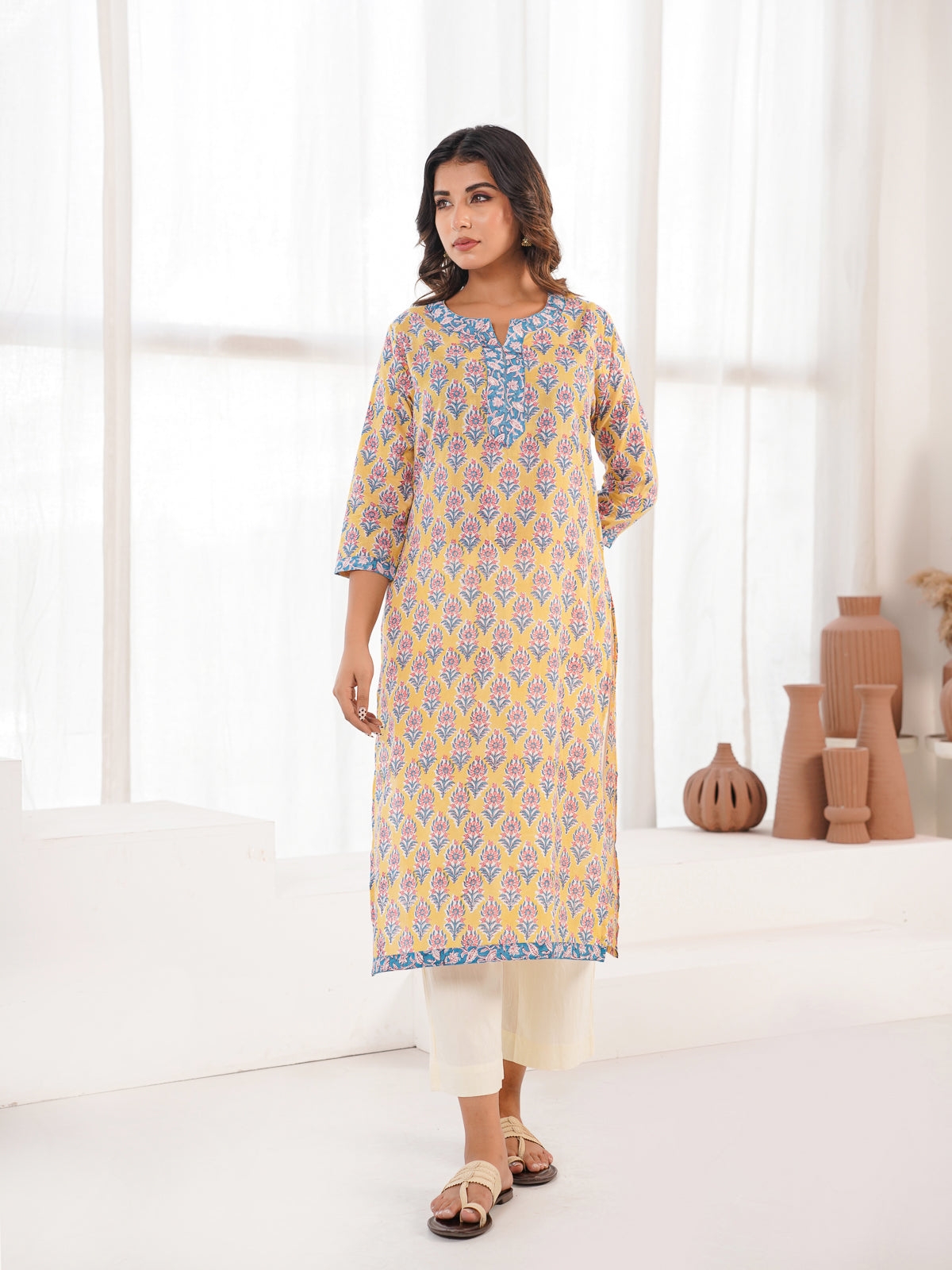 Cotton Block Printed Long Kurta Yellow