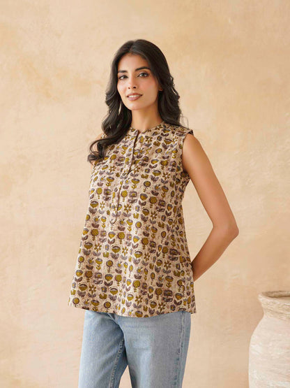 Cotton Printed Sleeveless Tunic Top For Women Brown