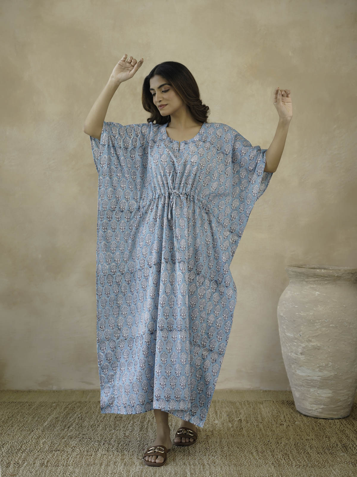 Block-Printed Cotton Long Kaftan Blue Booty