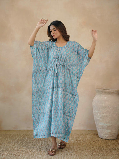 Block-Printed Cotton Long Kaftan Blue Booty