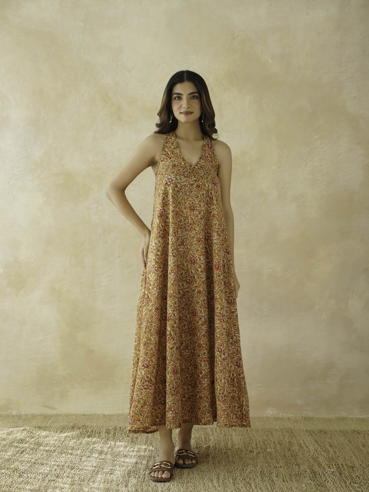 Cotton Printed Aline Moana Dress Mustard