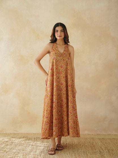 Cotton Printed Aline Moana Dress Mustard