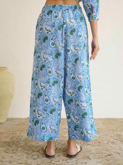 Women Ethnic Motifs Printed Cotton Pleat Set Sky Blue