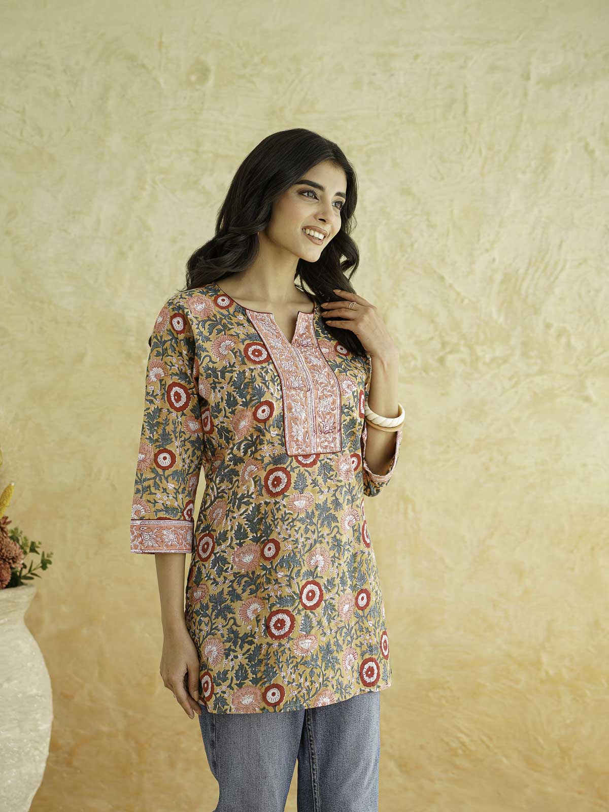 Cotton Printed Sequin Short Kurti For Women Brown