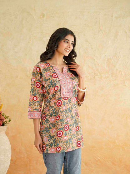 Cotton Printed Sequin Short Kurti For Women Brown