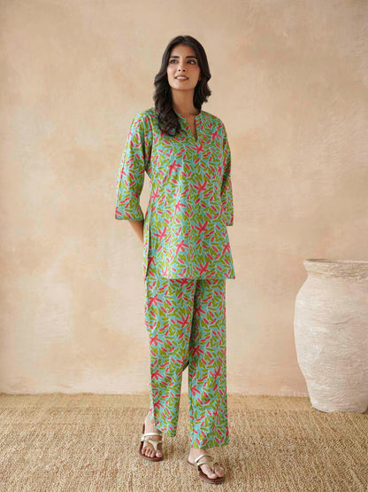 Cotton Printed Lounge Wear Coord Set Green Patti