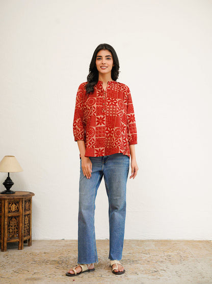 Cotton Printed Everyday Tunic Top For Women Red