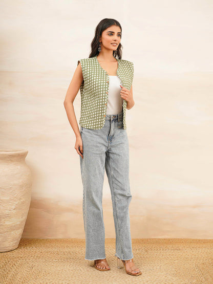 Cotton Printed Crop Sleeveless Quilted Jacket Green
