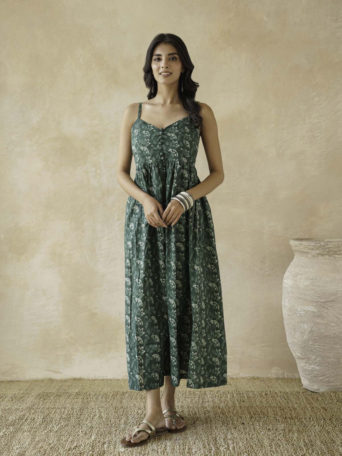 V-Neck Long Strappy Dress Forest Green