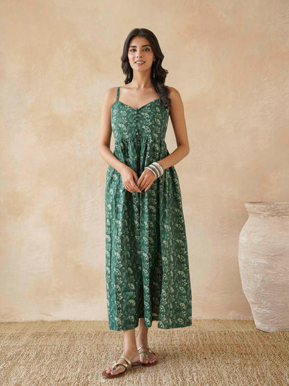 V-Neck Long Strappy Dress Forest Green