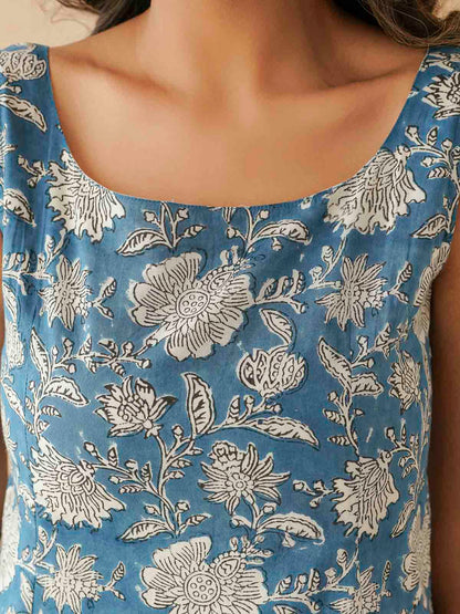 Cotton Printed Stylish Backless Tie-Up Kurti Drak Blue