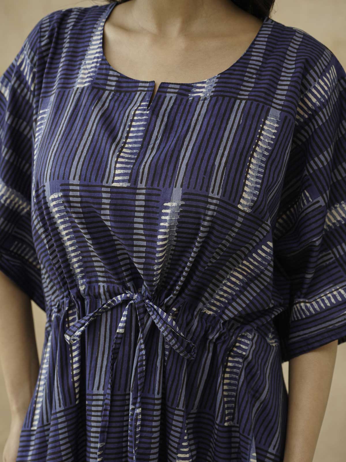 Block-Printed Cotton Long Kaftan Indio Straip