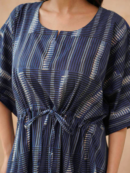Block-Printed Cotton Long Kaftan Indio Straip