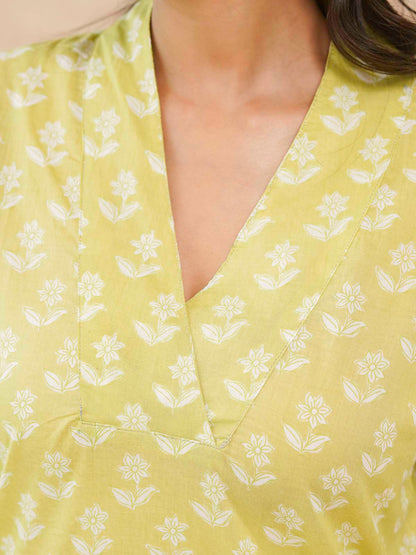 Cotton Printed Straight Kurta Yellow