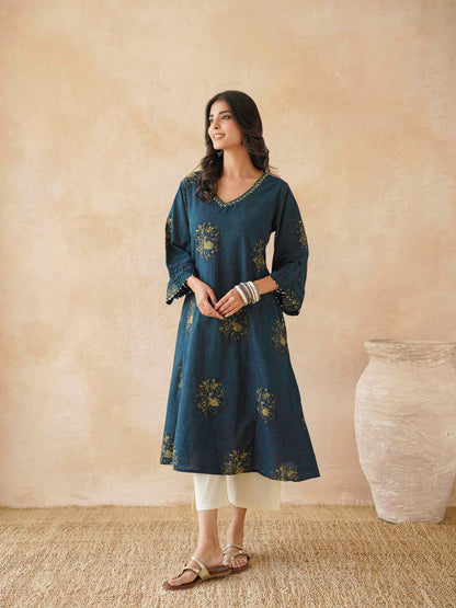 Cotton Printed Ultimate Aline Kurta For Women Indigo