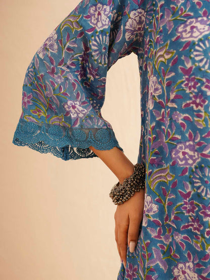 Block Printed Cotton Kurta Pant Bagiya Set Blue Purple