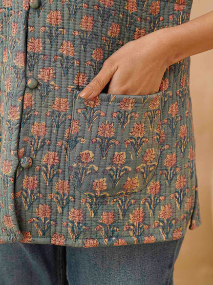 Cotton Printed Sleeveless Quilted Jacket Grey Booty