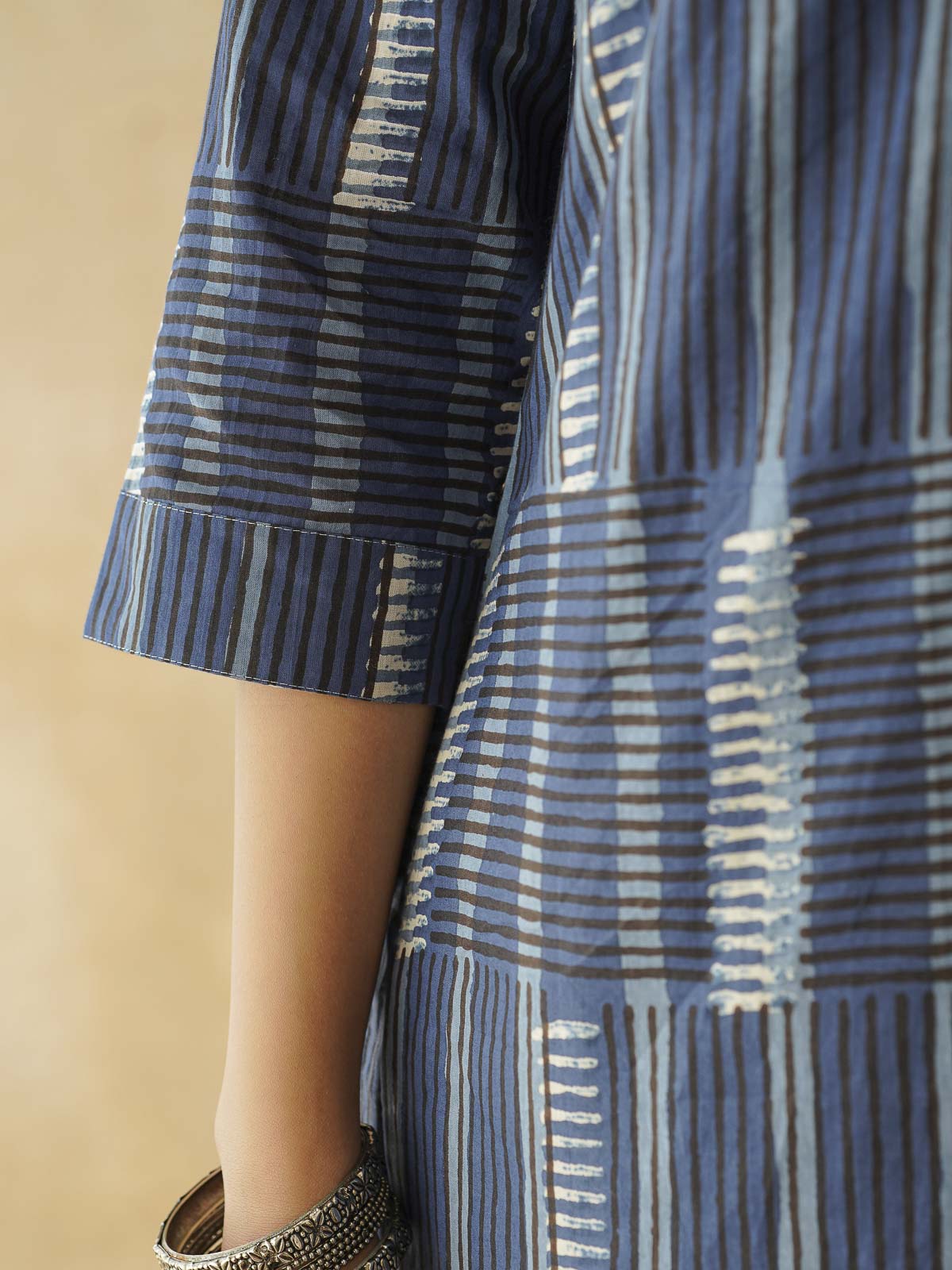 Cotton Printed Straight Kurta Indigo Strp