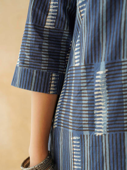 Cotton Printed Straight Kurta Indigo Strp