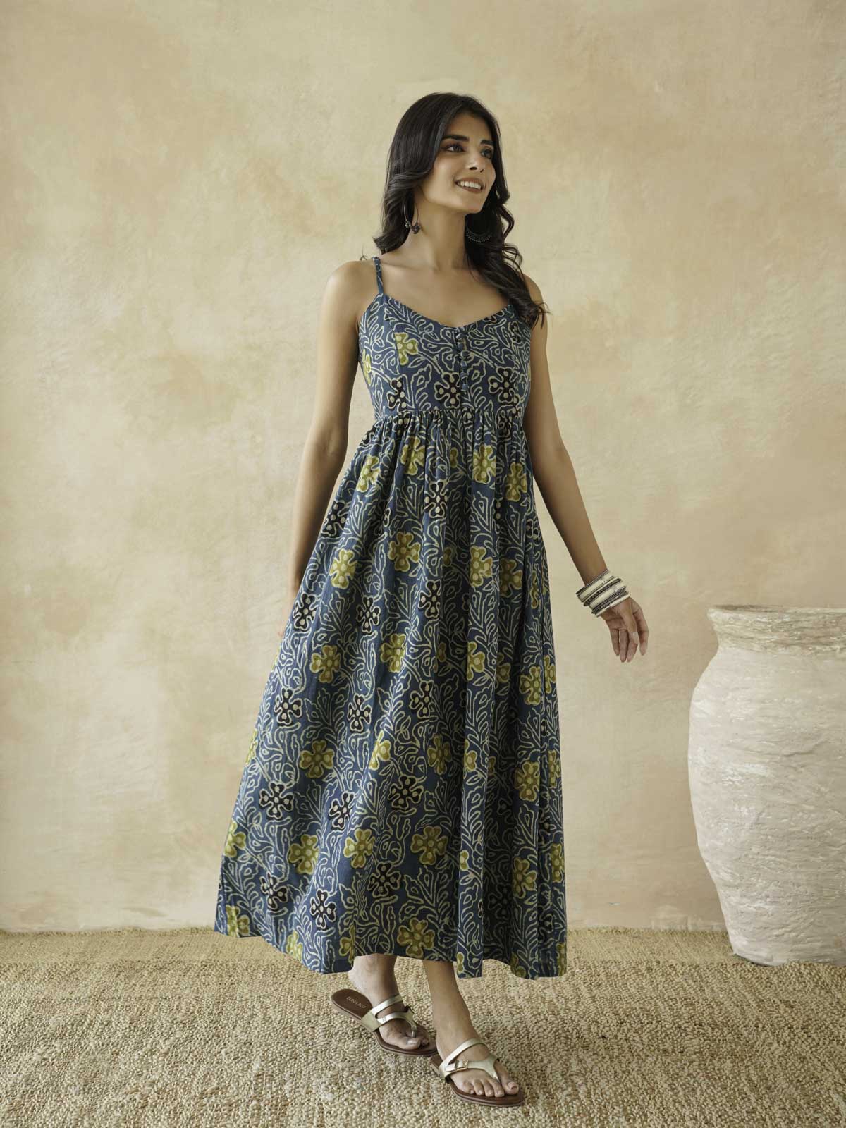 V-Neck Long Strappy Dress Indigo Jaal